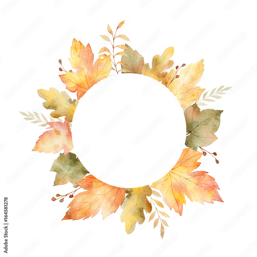 白色背景上孤立的叶子和树枝的水彩圆形框架。