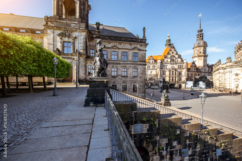 Morning view on the Schlossplatz and Bruhl terrace with church and city gates in Dresden city, Germa