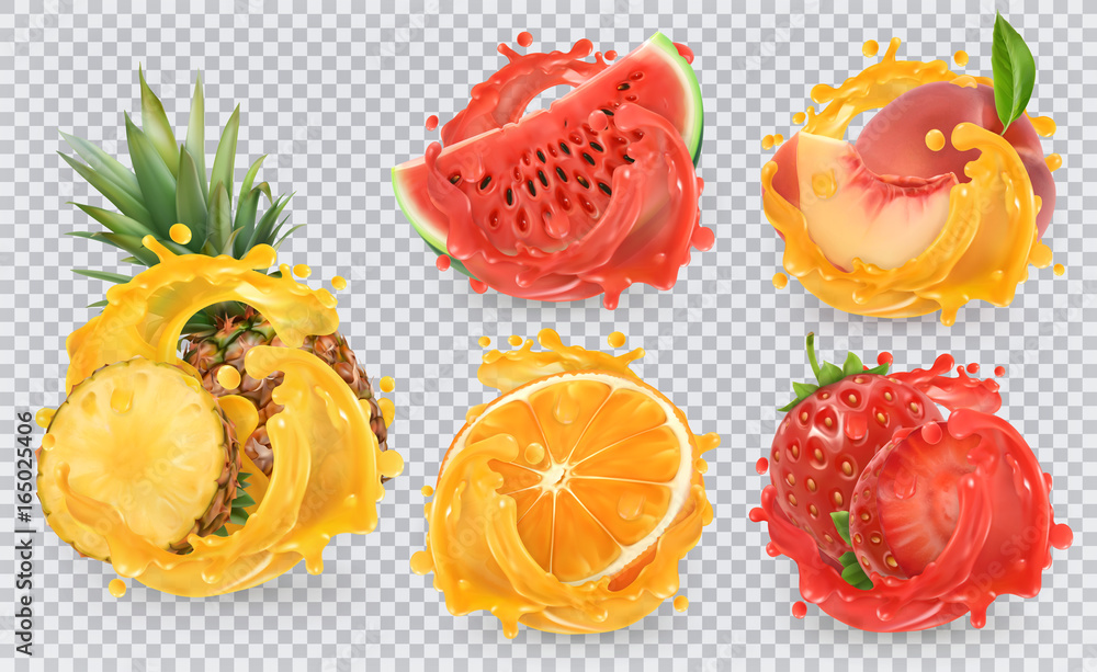 草莓、菠萝、橙子、西瓜、桃汁。新鲜水果和飞溅物，三维矢量图标se