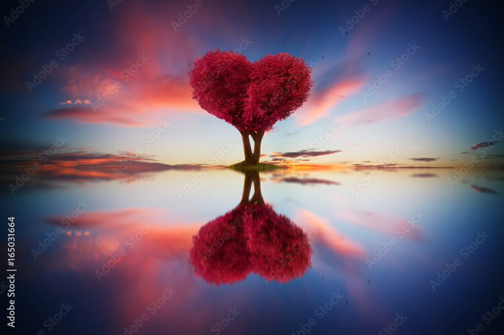 日出场景中孤独的红色叶子和爱情形状的树的抽象图像，水中倒影