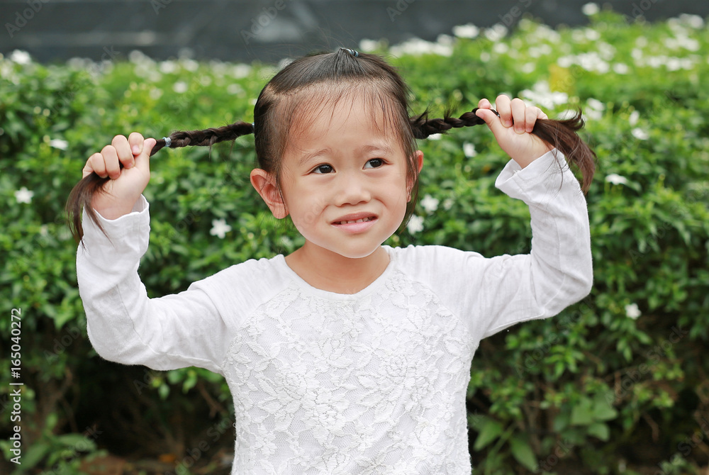 亚洲小女孩梳着辫子的肖像。她的头发扎成两个马尾。