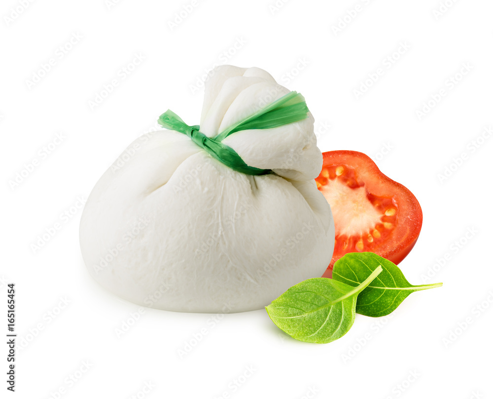 Burrata cheese with tomato and basil leaves isolated on white background with clipping path. Fresh i