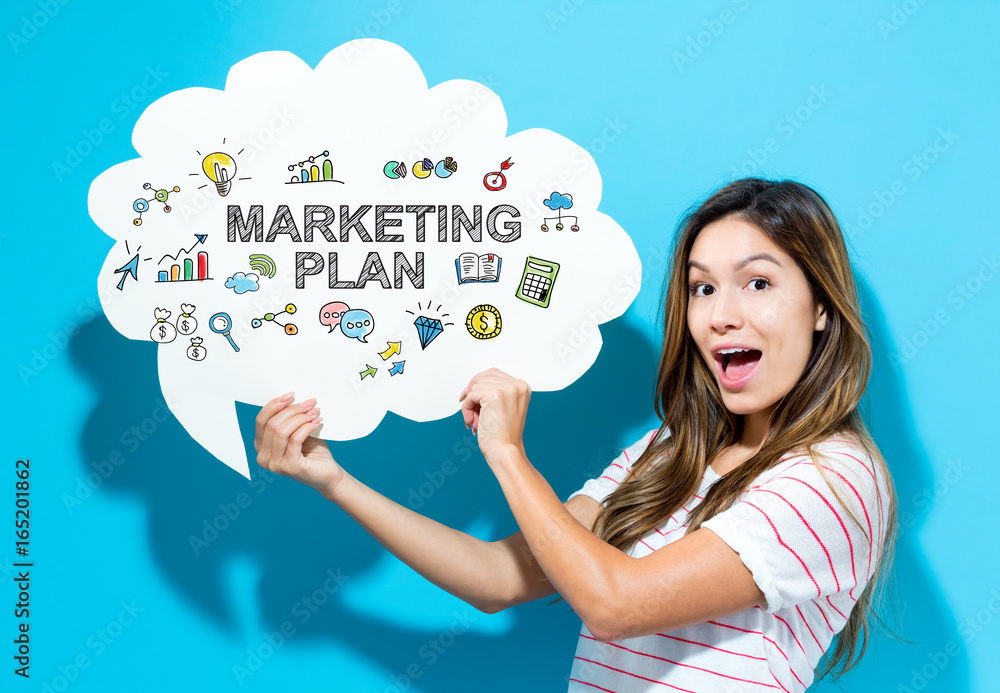 Marketing Plan text with young woman holding a speech bubble on a blue background