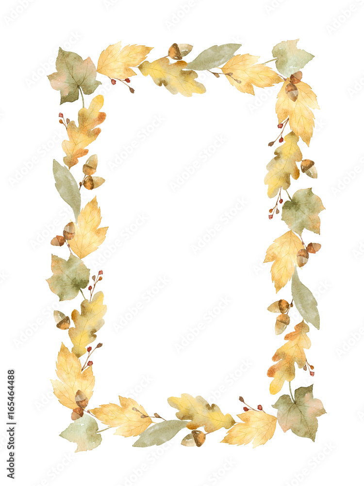 白色背景上隔离的叶子和树枝的水彩矩形框架。