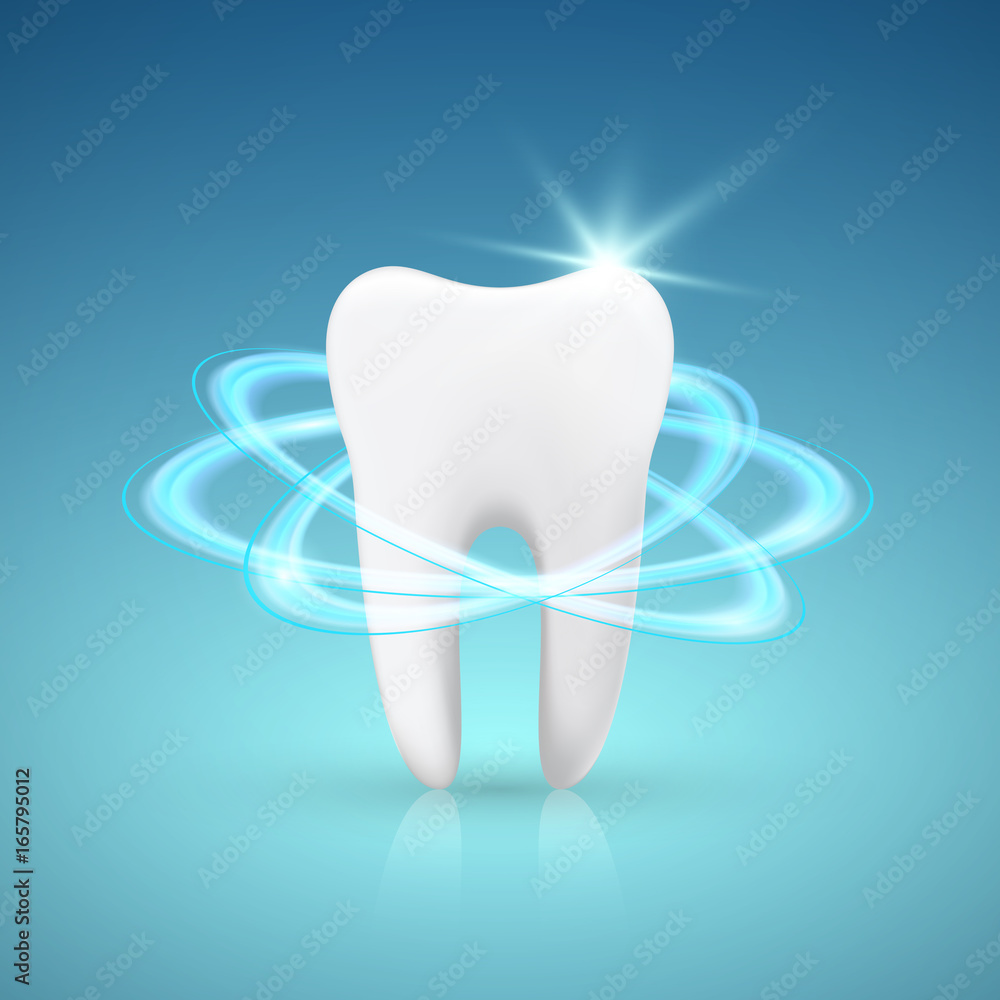 Healthy Tooth Under Protection, Teeth Whitening, glowing effect, vector illustration