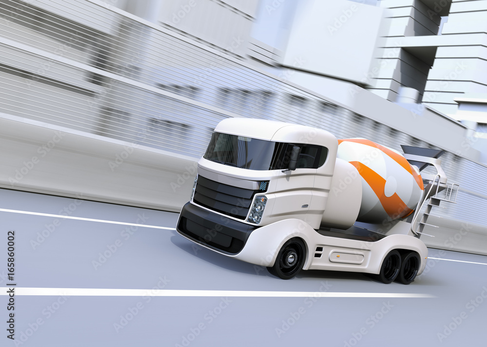 混凝土搅拌车电动卡车在高速公路上行驶。3D渲染图像。
