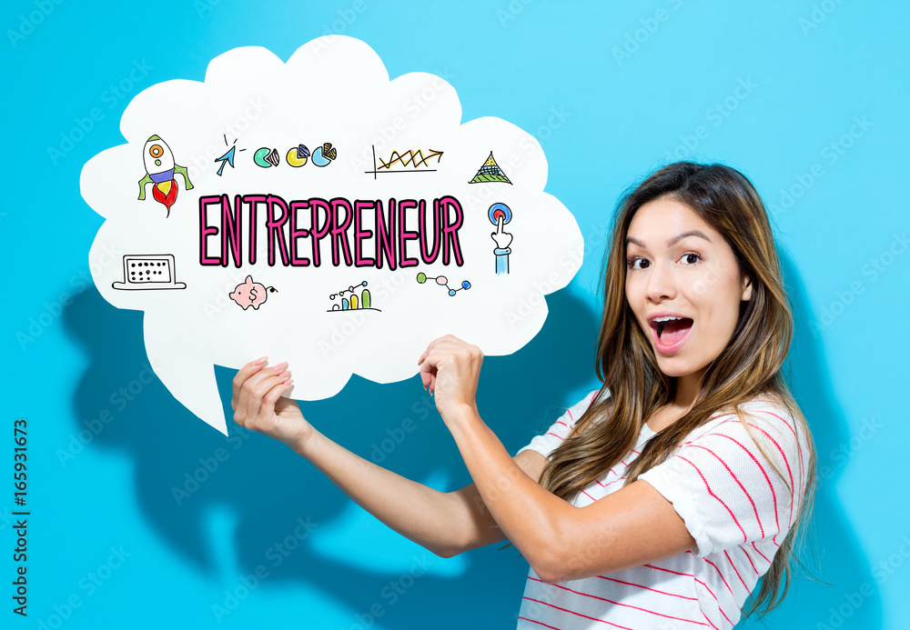 Entrepreneur text with young woman holding a speech bubble on a blue background