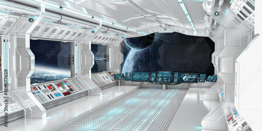 Spaceship interior with view on distant planets system 3D rendering elements of this image furnished