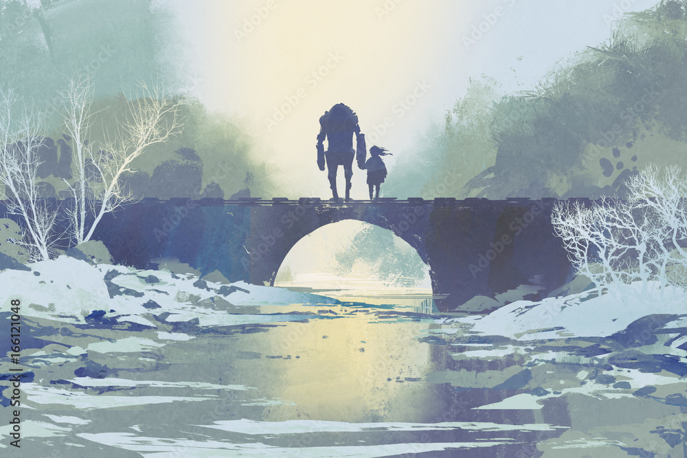 冬天站在桥上的机器人和小女孩，数字艺术风格，插图绘画