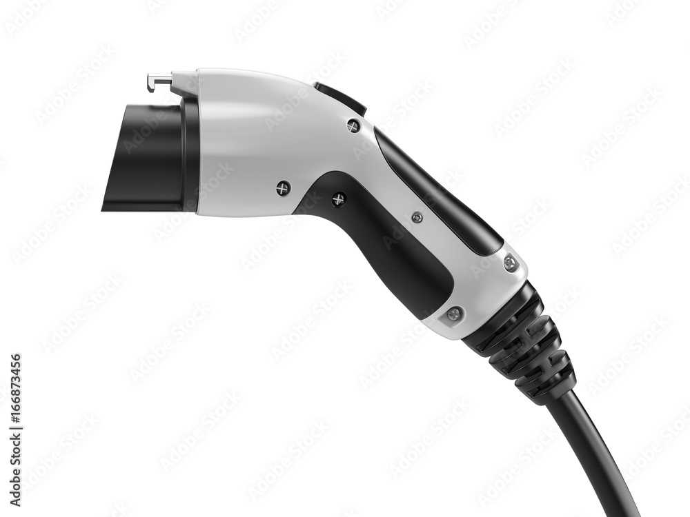 电动汽车概念-白色上隔离的电动汽车充电插头。3d插图。