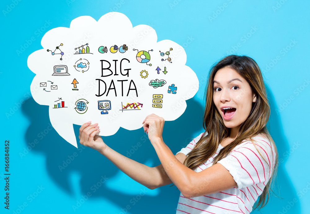Big Data text with young woman holding a speech bubble 