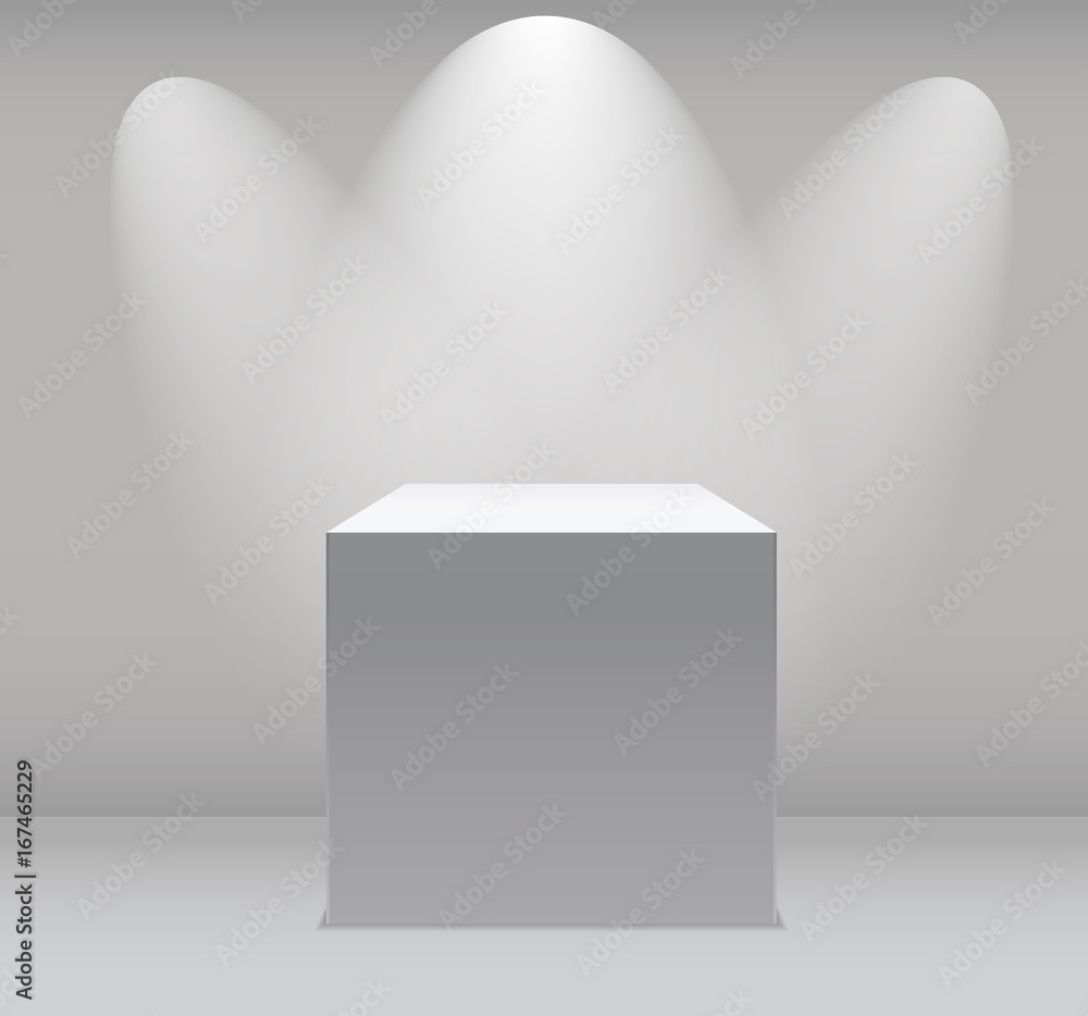 展览概念，白色空盒子，灰色背景上有照明的展台。C的模板