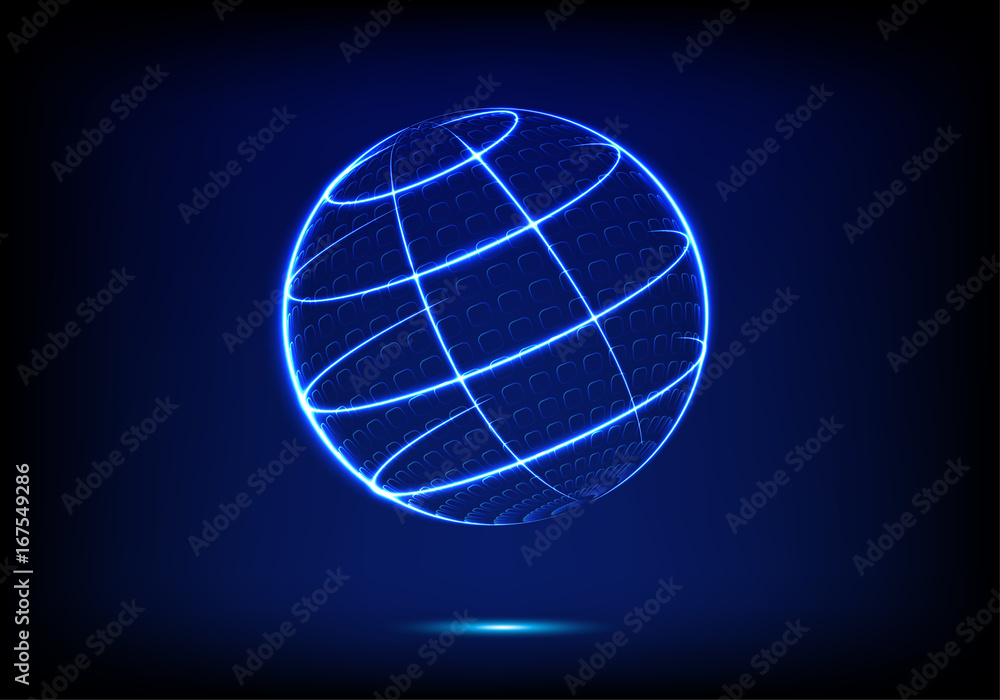 发光霓虹灯圆圈的蓝色抽象球体形状。全球网络连接，行星，科学，技术