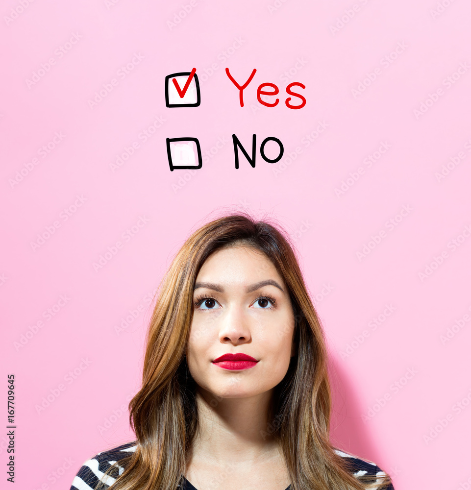 Yes No text with young woman on a pink background