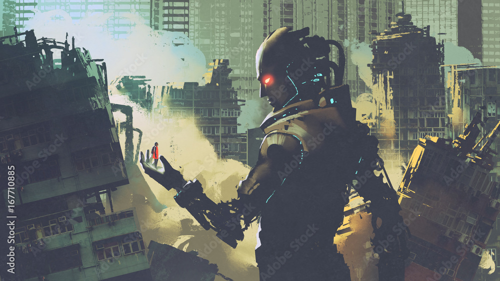 giant futuristic robot looking at woman on its hand in apocalyptic city, digital art style, illustra
