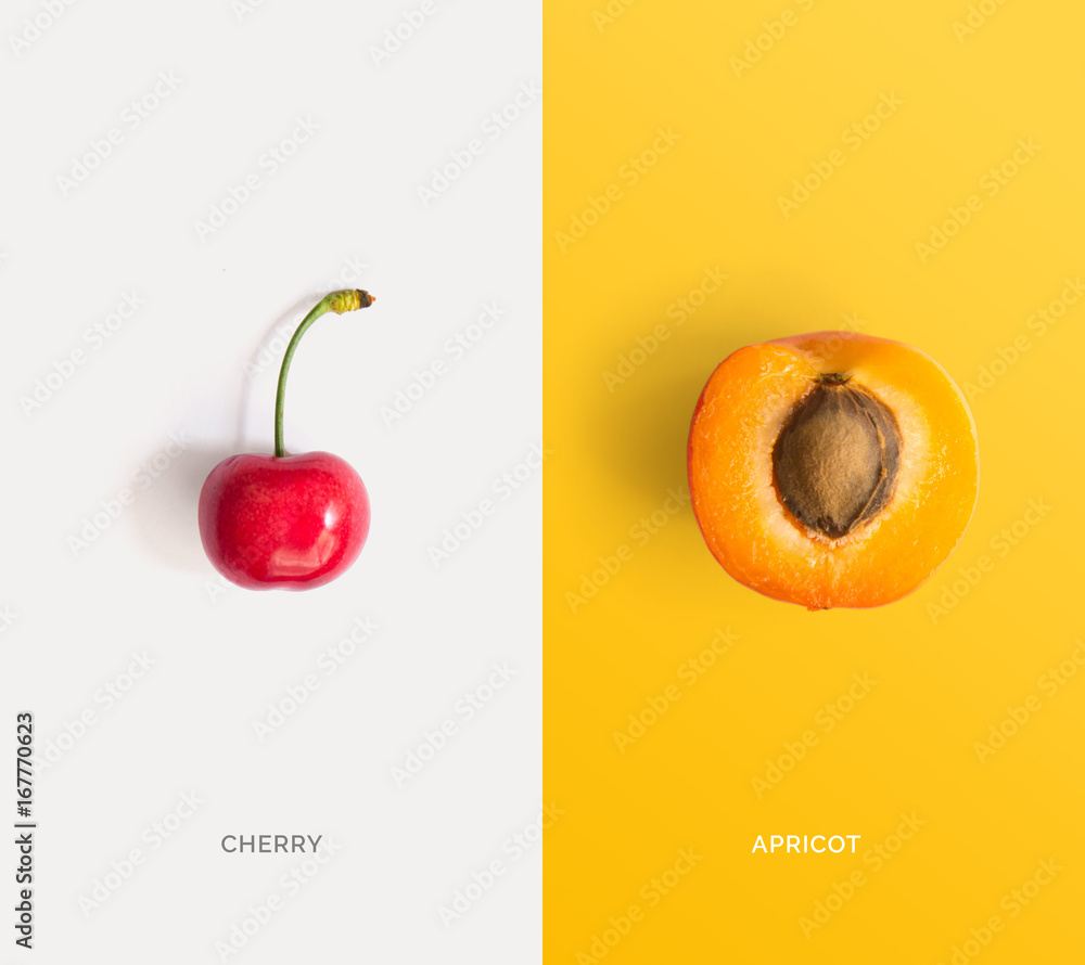 樱桃和杏子的创意布局。平面布局。食物概念