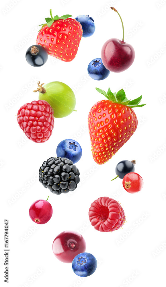 孤立的掉落浆果。混合的水果漂浮在空中（蓝莓、黑莓、覆盆子、草莓）