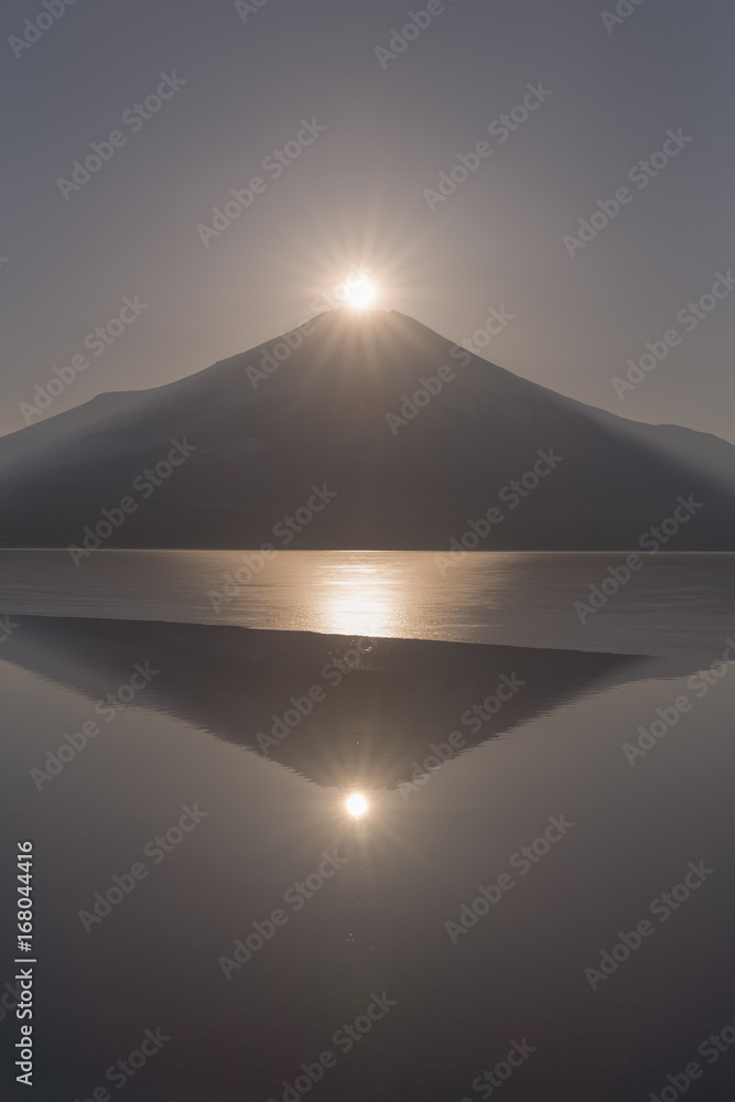 Fuji Diamond. Fuji diamond at Lake Yamanakako in winter season. Diamond Fuji is the name given to th