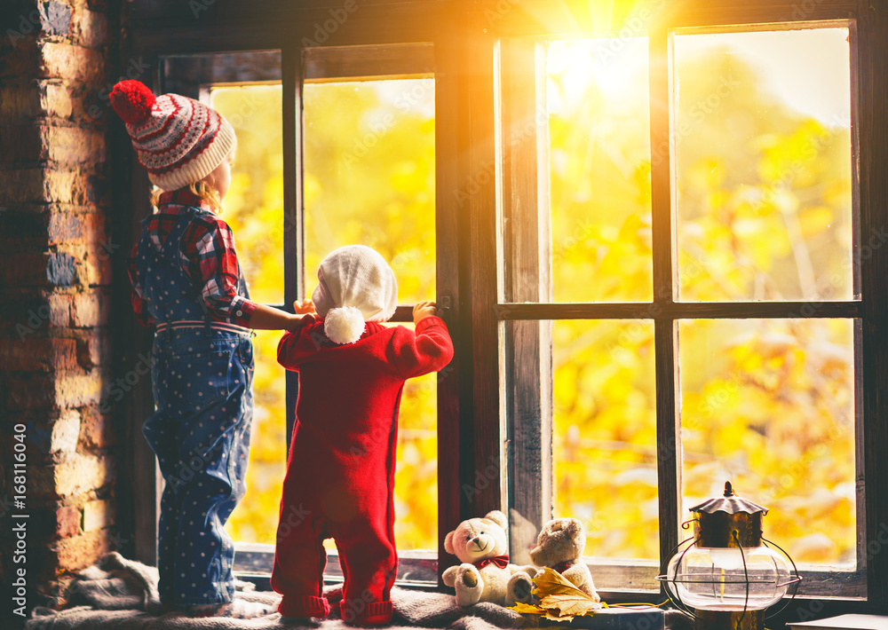 孩子们的兄弟姐妹欣赏秋天的窗户