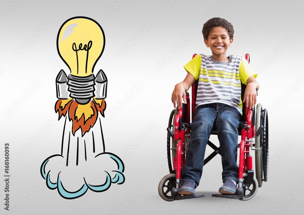 残疾男孩坐在轮椅上，带着彩色灯泡火箭