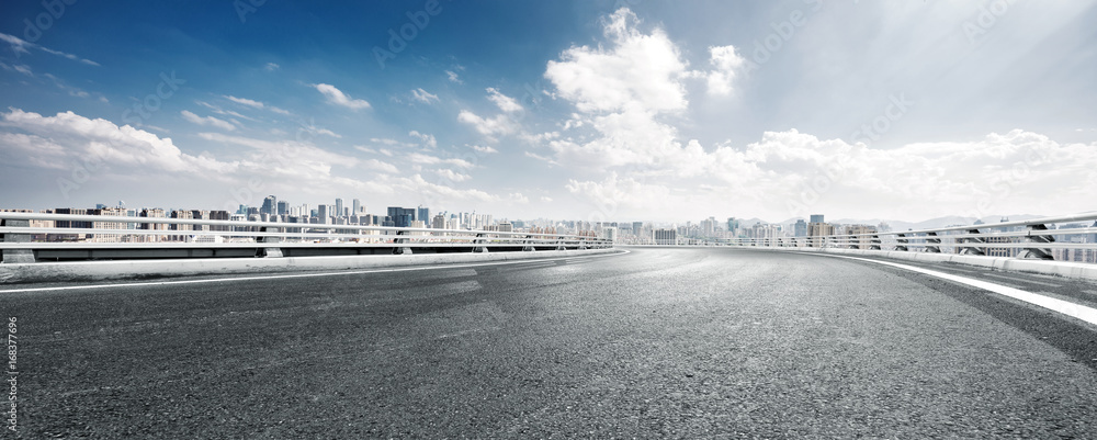 蓝天下的现代城市空旷道路与城市景观