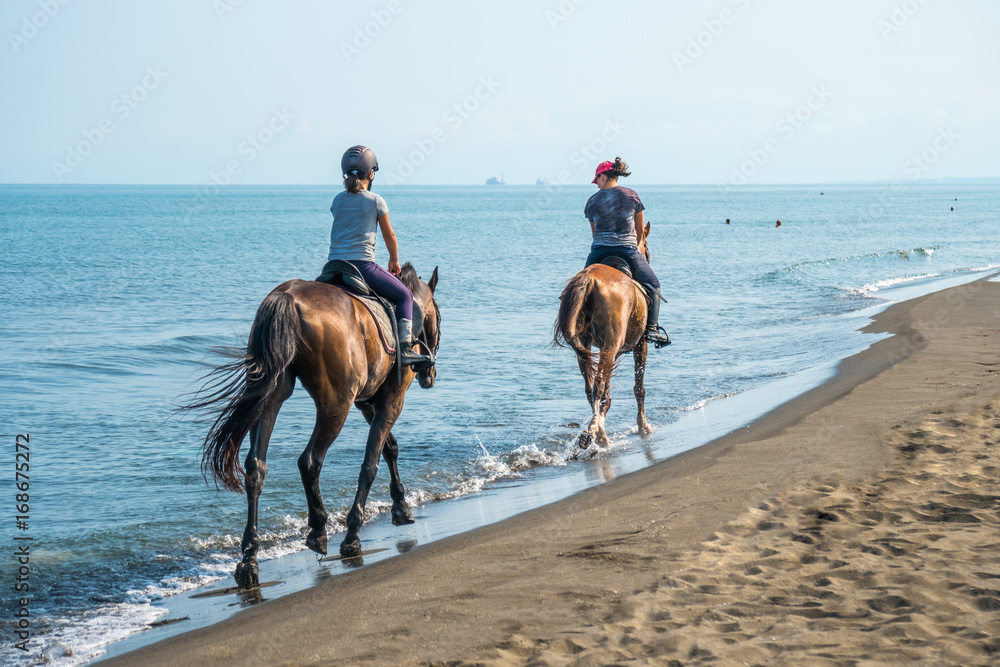 在阳光明媚的日子里，骑着马在海上驰骋。