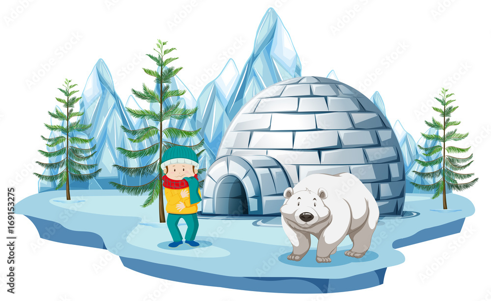 冰屋旁男孩和北极熊的北极场景