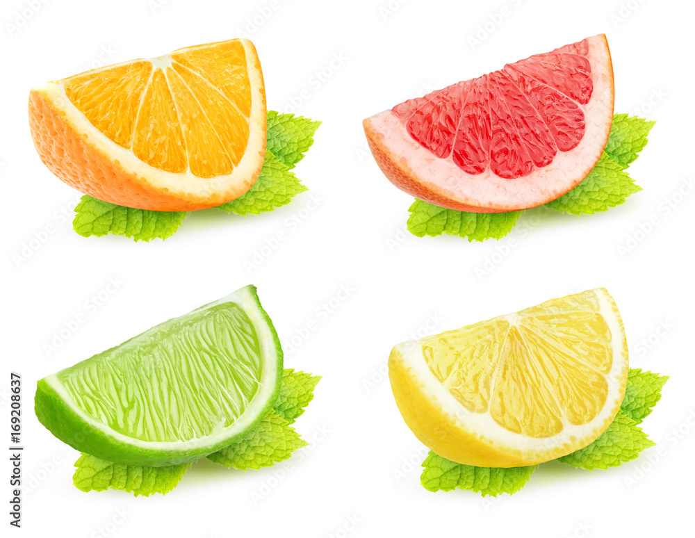 薄荷分离柑橘片系列。橙子、葡萄柚、酸橙和柠檬片配蜜糖
