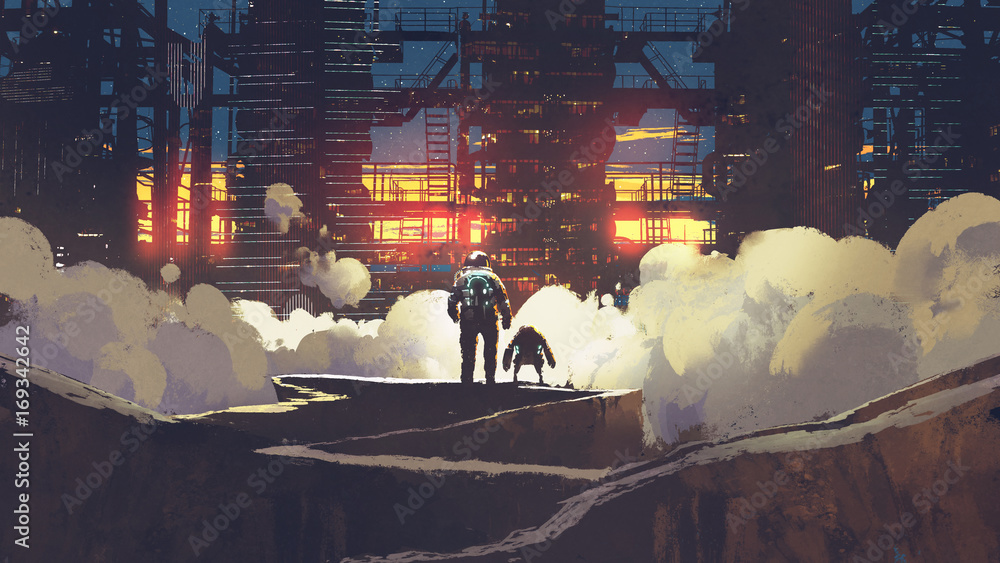 宇航员和小机器人在日落时看着未来的城市，数字艺术风格，插图派