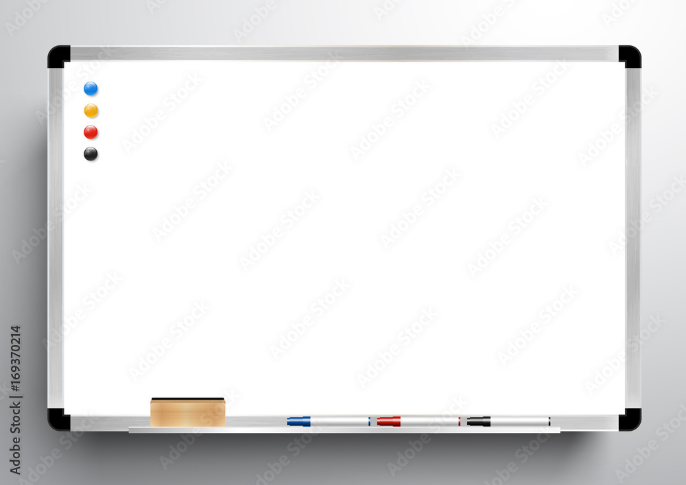 白板背景框架，带橡皮擦白板、彩色标记和磁性、矢量插图