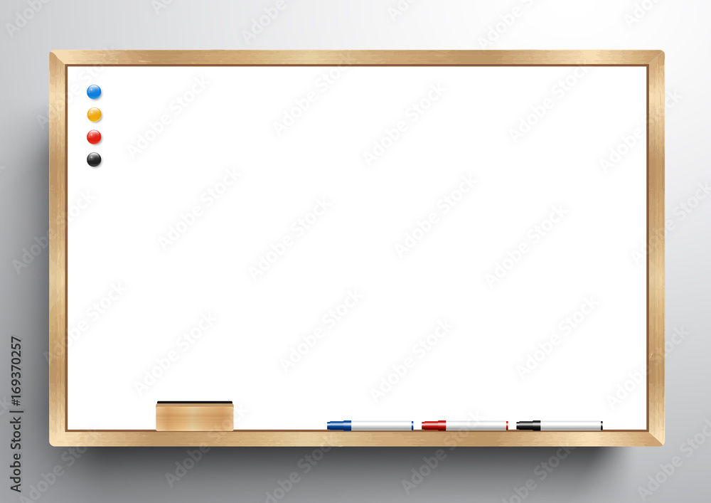白板木框架，带橡皮擦白板，彩色标记和磁性，矢量插图