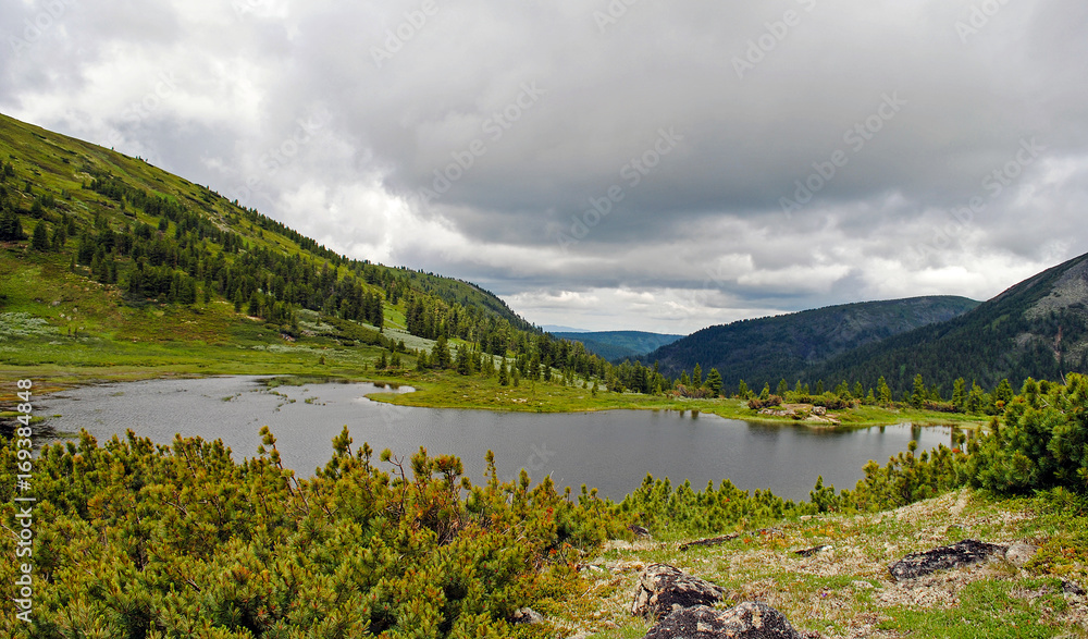 夏季山地景观。俄罗斯贝加尔湖上的山丘和草地景观
