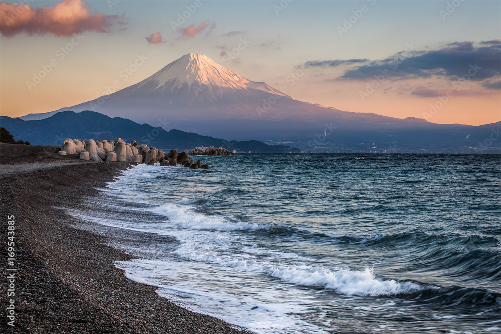 Mt. Fuji and sea beach in winter morning. Seen from Miho no Matsubara , a scenic area. The Miho Peni