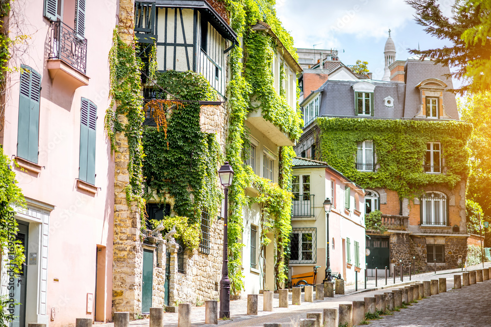 巴黎蒙马特山上拥有绿色建筑的美丽街道上的城市景观