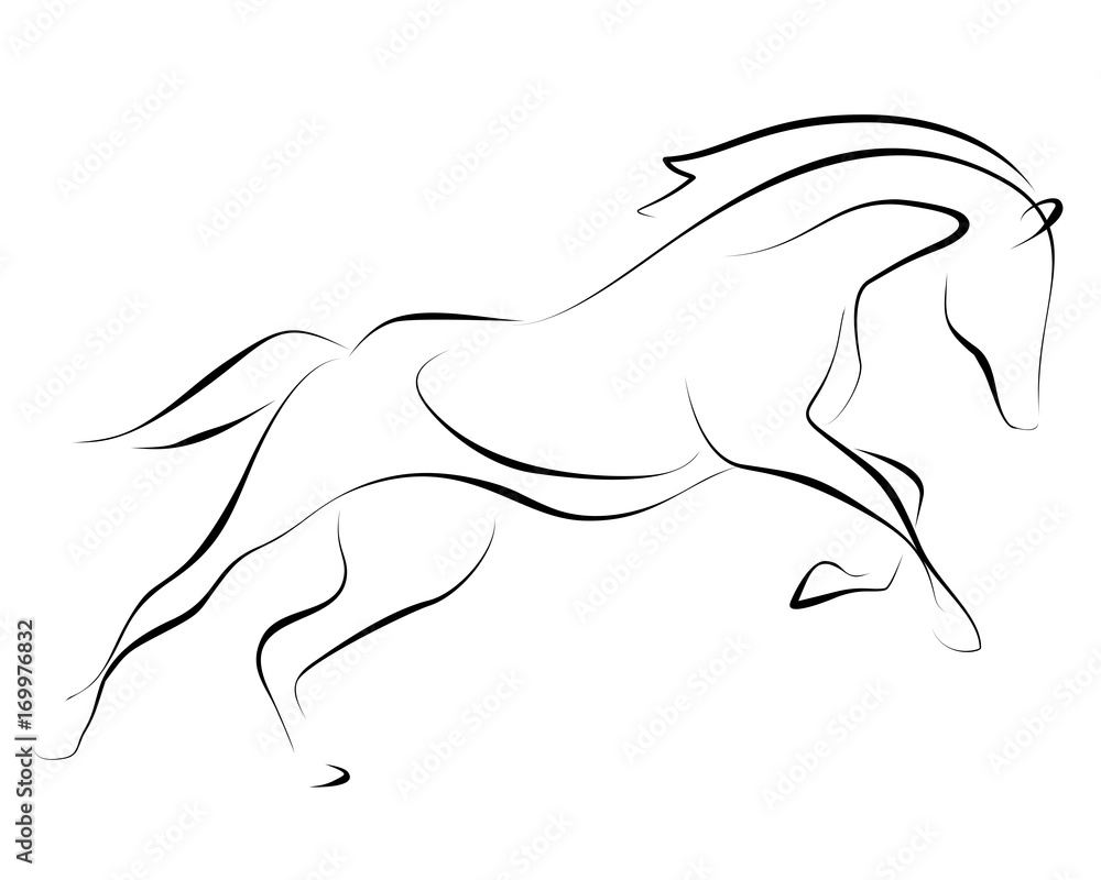 白色背景下奔跑的黑线马。矢量图形。