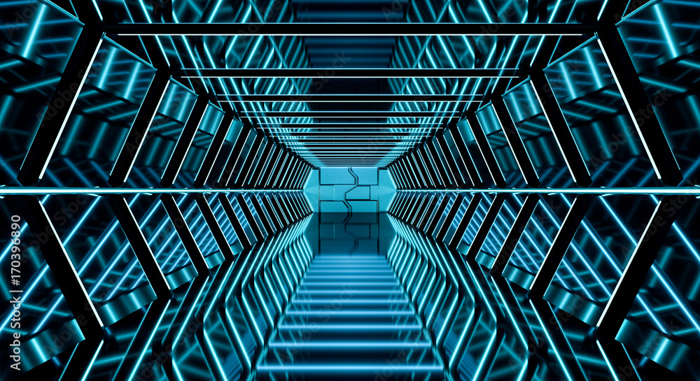 黑暗的未来宇宙飞船走廊3D渲染