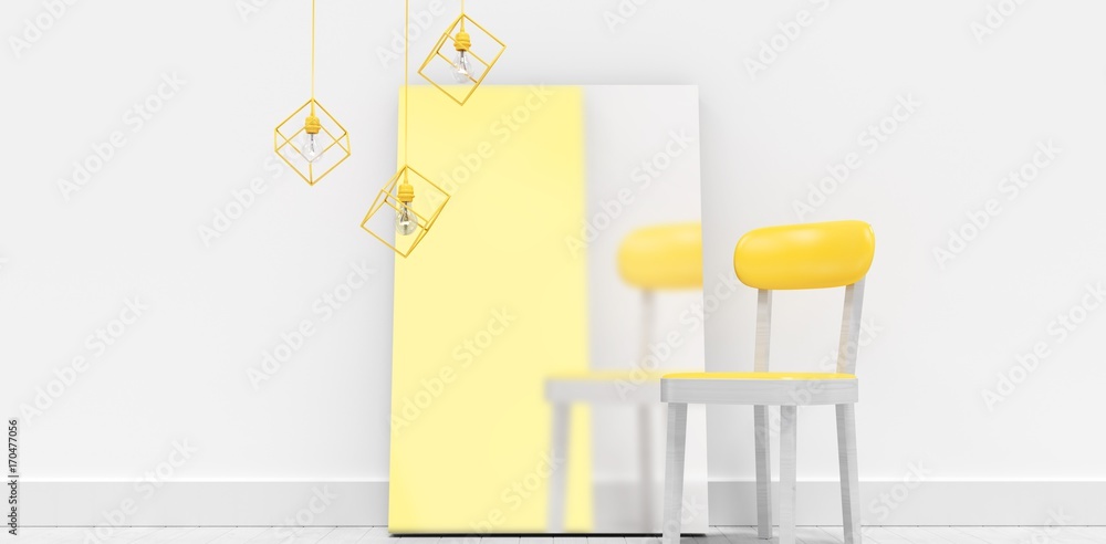靠墙的空白白板旁边的黄色椅子