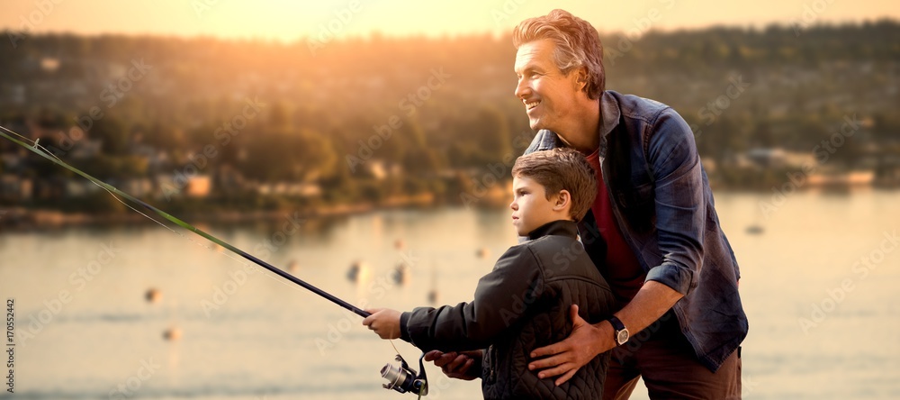 父亲教儿子钓鱼的合成图像