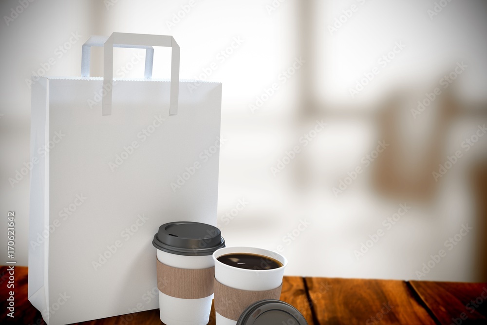 一次性咖啡杯和包裹袋的合成图像