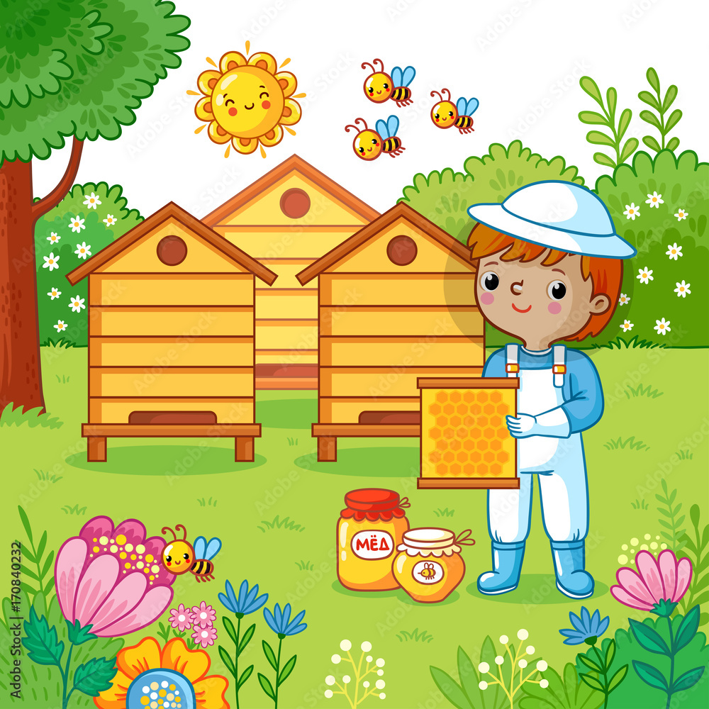 Boy collects honey on a bee apiary. Vector illustration in childrens cartoon style.