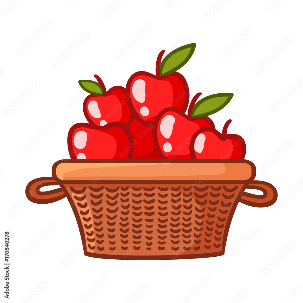 Basket with apples on a white background. Vector illustration with fruits in cartoon style.