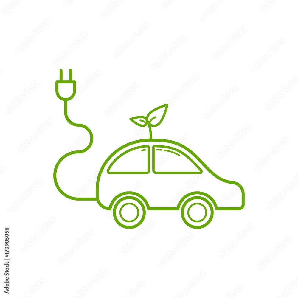 白色背景下的电动汽车图标轮廓，生态和绿色能源概念