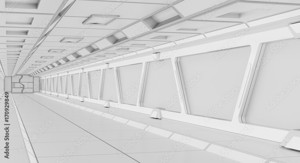 明亮的未来宇宙飞船走廊3D渲染