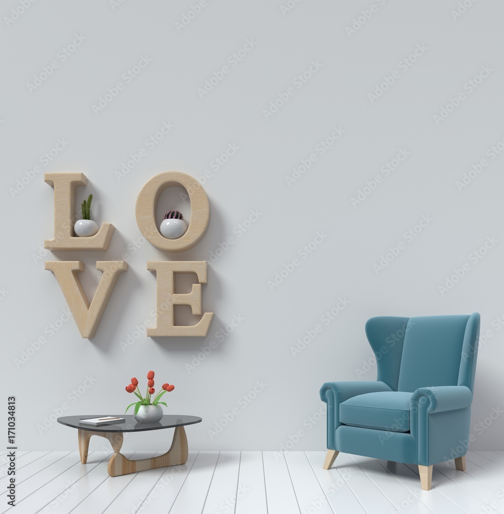 The interior has a sofa and shelf love on empty white wall background,3D rendering