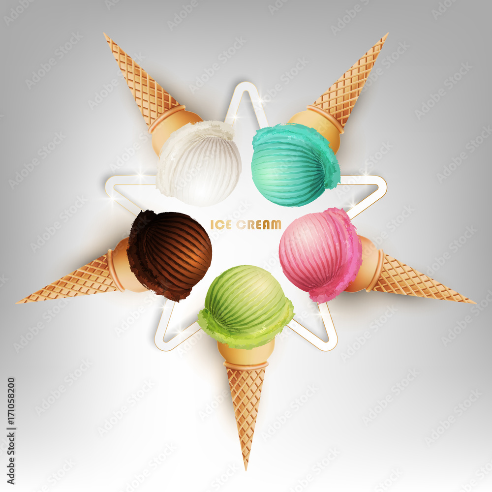 星星形状的彩色冰淇淋锥阵列，不同的水果口味，矢量插图