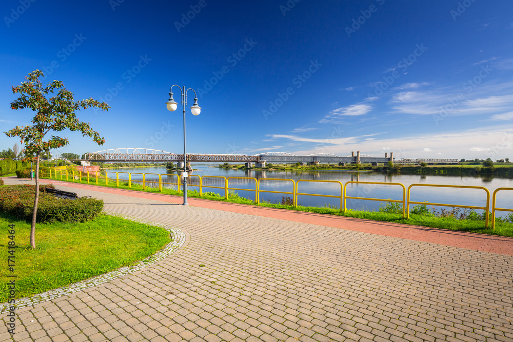 Sidewalk and bike path at Vistula river in Tczew, Poland