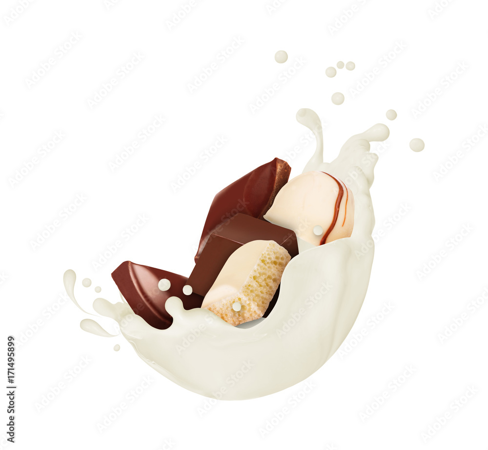 牛奶飞溅的巧克力糖果，白色背景隔离