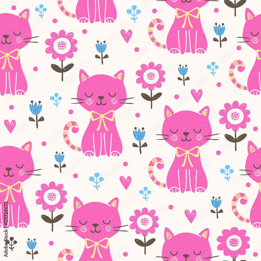 粉色猫的矢量无缝插图。儿童风格的带花宠物。