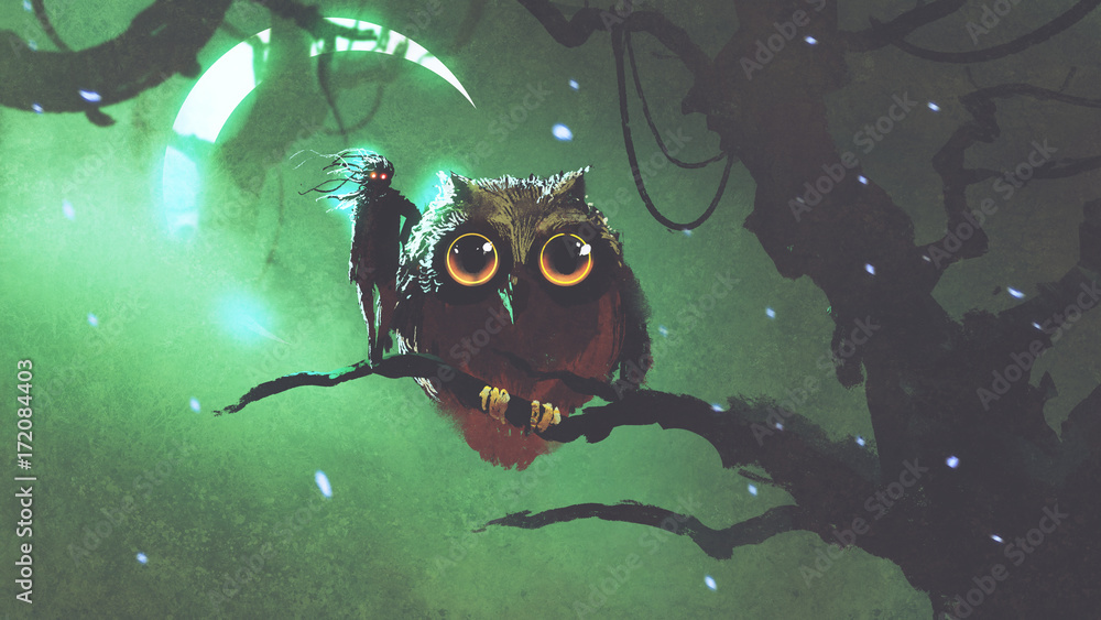巨型猫头鹰和它的主人站在绿色天空的夜森林的树枝上，数字艺术风格，