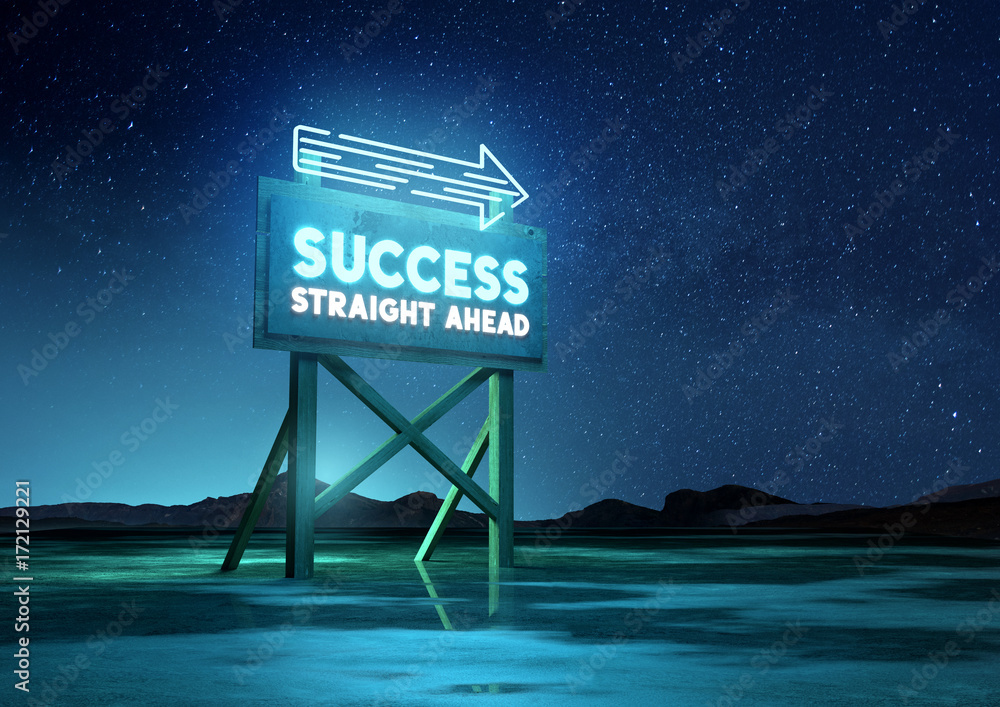霓虹灯闪耀的成功路标。概念背景，混合媒体插图。